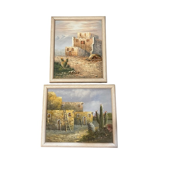 Vintage 90’s Southwest Oil Painting Desert Adobe House Set Of 2 8x10” - Picture 1 of 9